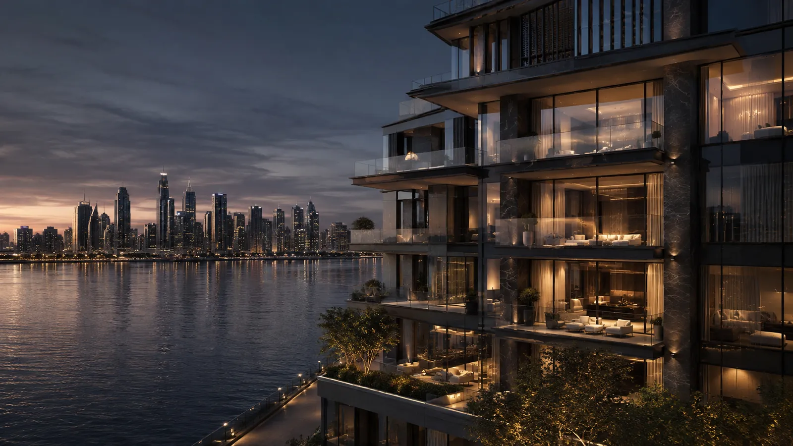 Contemporary luxury Dubai waterfront residences at twilight